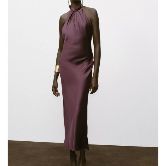 ZARA SATIN EFFECT HALTER NECK LONG DRESS - Picture 1 of 5